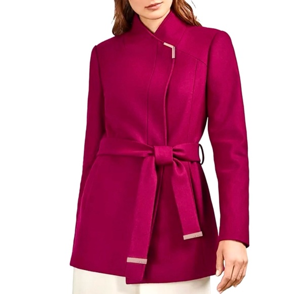 NWOT Ted Baker Magenta Berry Asymmetrical Wrap Drytaa Belted Wool Cashmere Coat - Picture 13 of 15